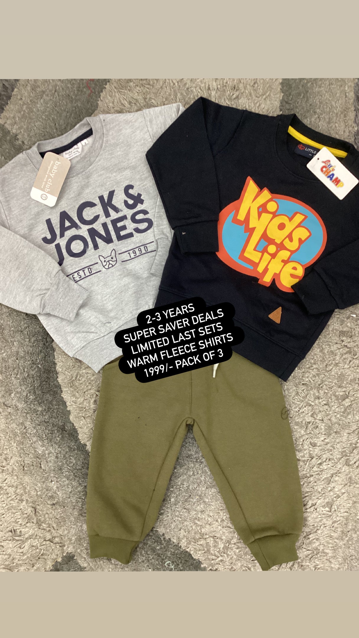 Kids Boys Affordable Baby Outfits –- Winter Warm Fleece Branded Pack of 3