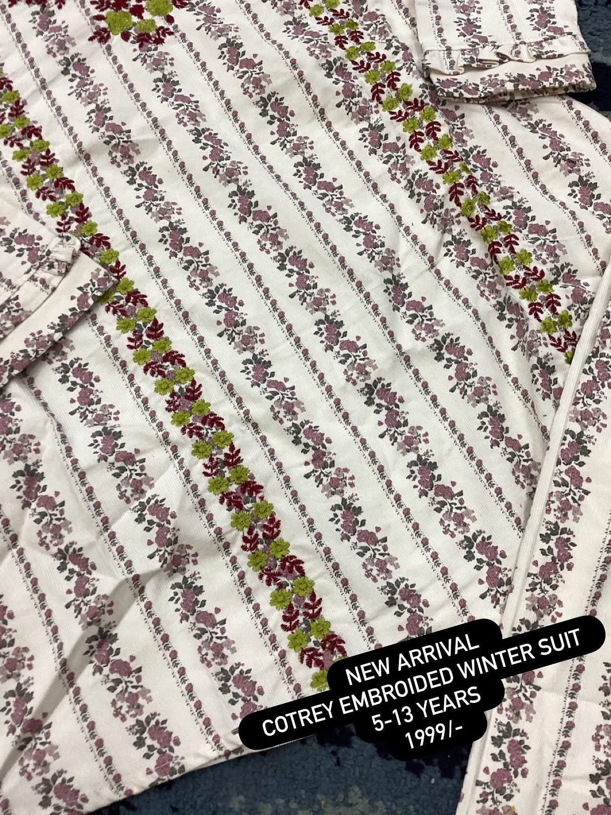 Kids Girls Affordable Baby Outfits –- Winter Warm Branded 2 Piece Embroided Shirt with Trouser