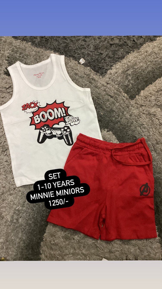 Kids Boys Summer Original Minnie Minors Set White Sando with Red Shorts