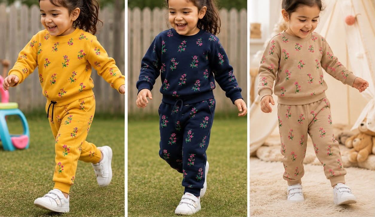 Kids playing outdoors in Kiddy Trends floral outfits, three colorways