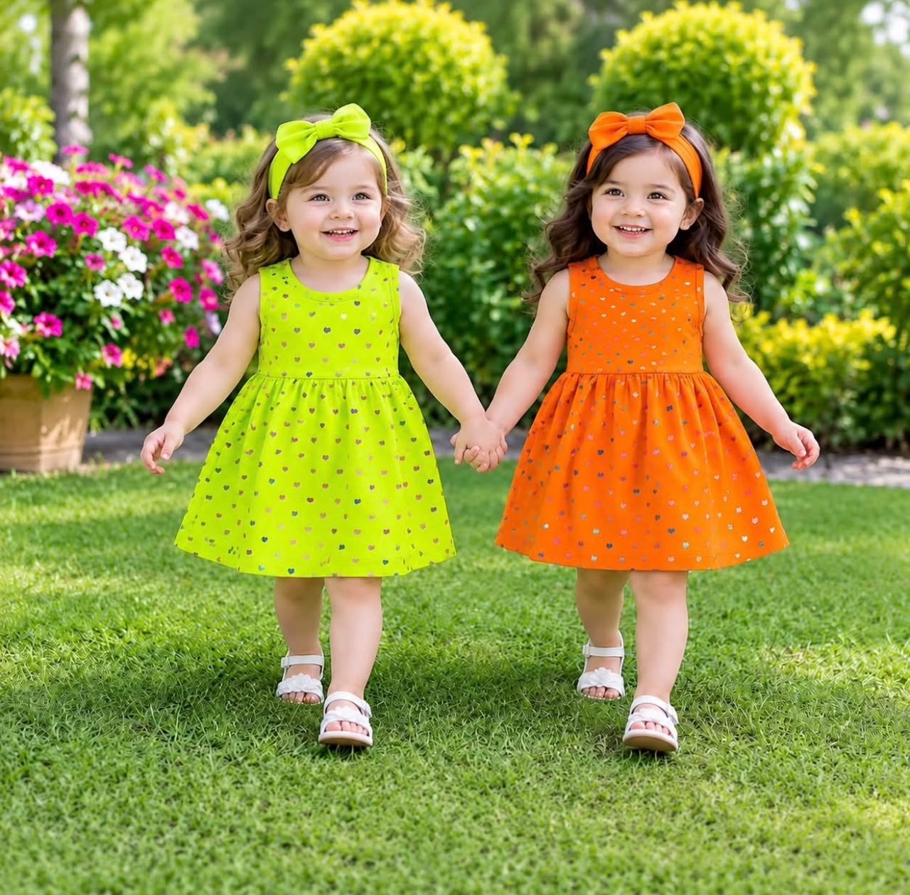 Two children in colorful Kiddy Trends dresses holding hands in a garden