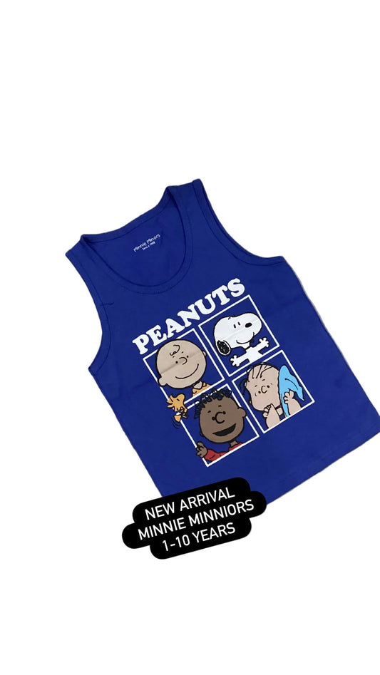 Blue tank top with Peanuts character design on a fluffy white surface with flowers.