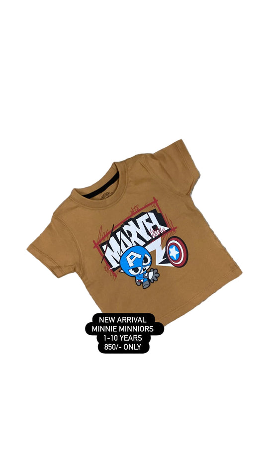 Brown t-shirt with Marvel logo on a fluffy white surface with flowers in the background
