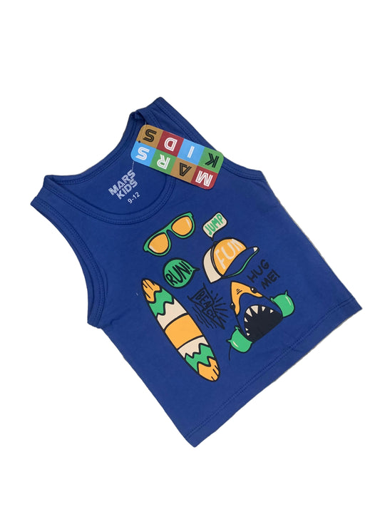 Blue children's tank top with colorful graphics on a textured surface