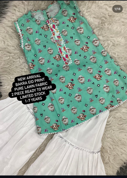 Kids Bakra Eid Collection 2026: Kids Girls 2 Piece Bakra print Lawn Suit