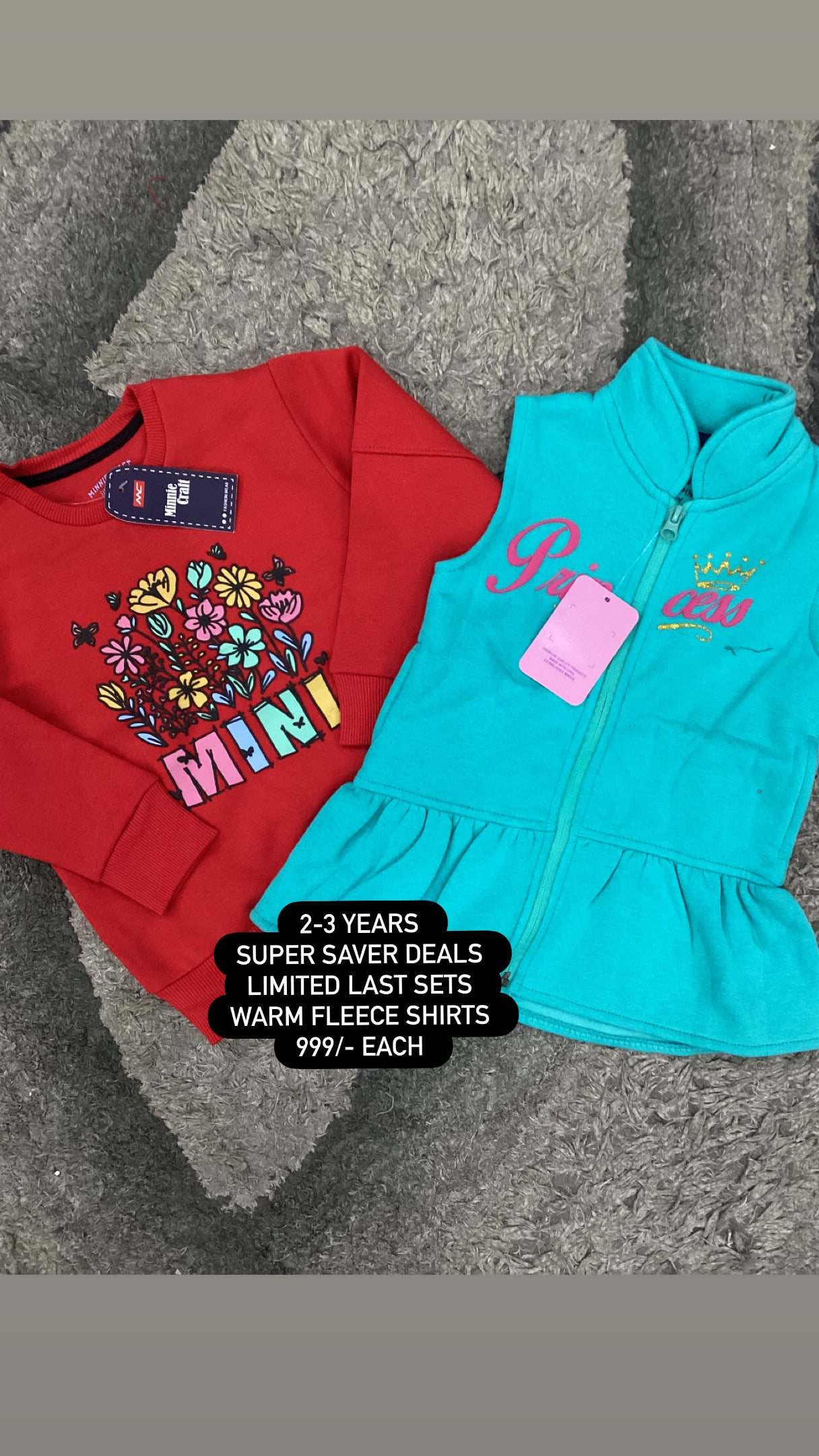 Kids Girls Affordable Baby Outfits –- Winter Warm Fleece Branded Pack of 2 Shirts