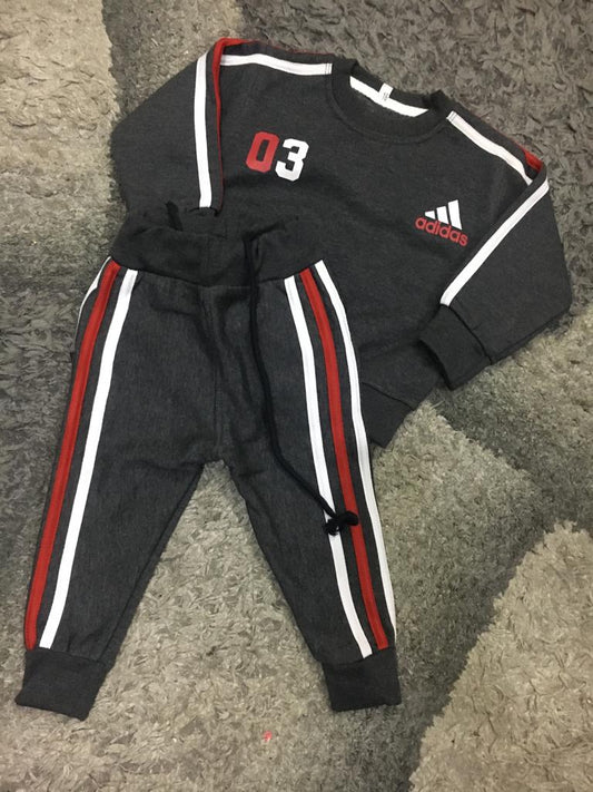 Kids Winter Gala Sale Addidas Super Quality Track Suit Shirt and Trouser Fleece Warm GRAY with Red Stripes