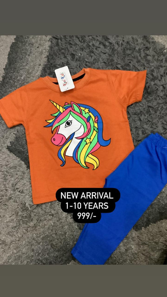 Kids Girls Summer Brande 2 Piece Set Orange Unicorn with Blue Tights