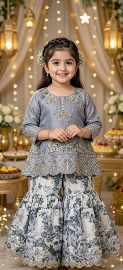 Kids Ramadan & Eid Collection 2026: Ethnic Style Girls Branded Dori Net Shirt with Garara