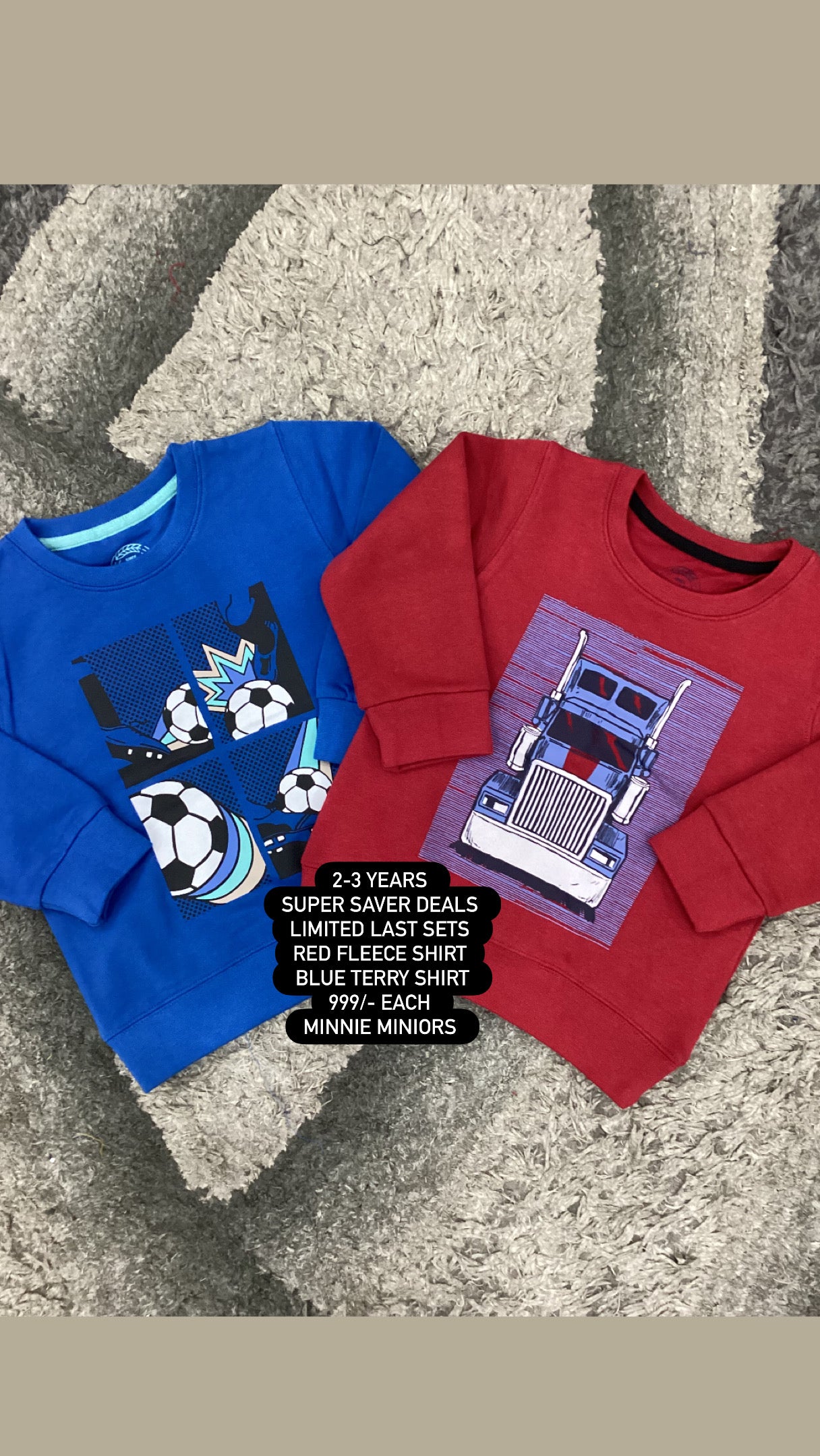 Kids Boys Affordable Baby Outfits –- Winter Warm Fleece Branded Pack of 2 Shirts