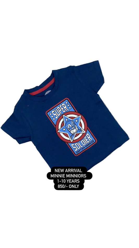 Blue t-shirt with superhero design on a textured surface