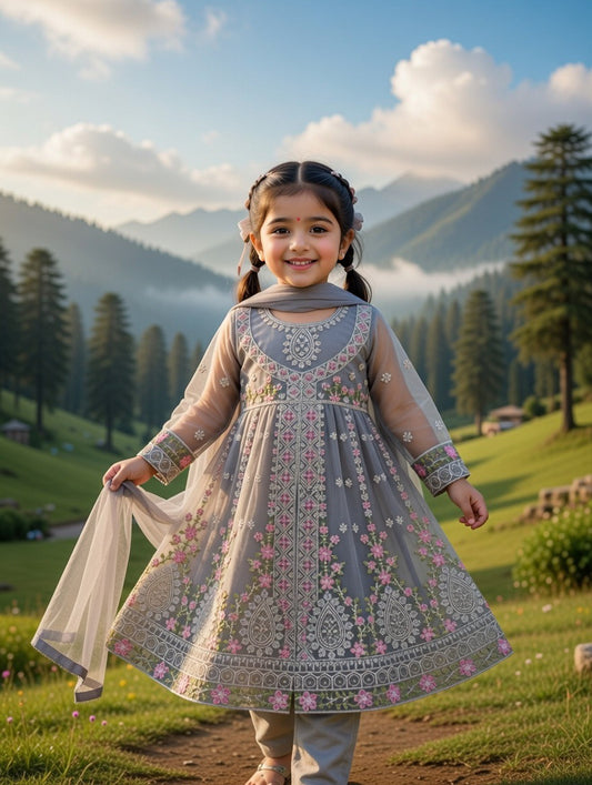 Kids Ramadan & Eid Collection 2026: Ethnic Style Girls Branded Dori Net Angrakha Frock with Trouser