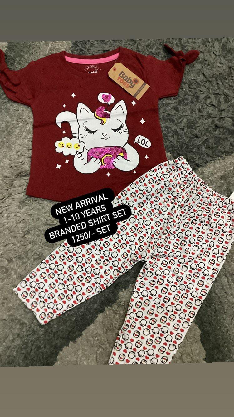 Kids Girls Original Branded Summer Collection Maron Cute Kitty Shirt with Printed Tights