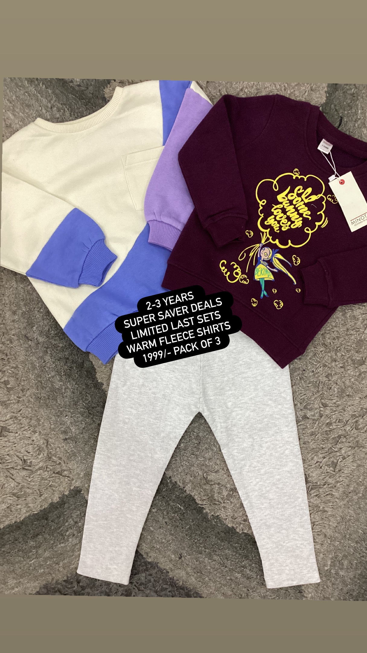 Kids Girls Affordable Baby Outfits –- Winter Warm Fleece Pack of 3 Shirts with Tights