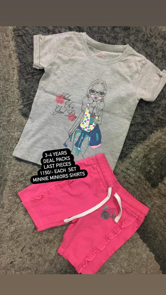Kids Girls Summer Sale Shirt Pack of 2 Branded Shirt Original Minnie Minors with Shorts