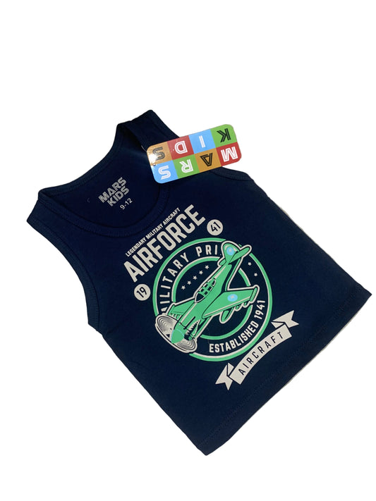 Navy blue tank top with green graphic and text on a textured white surface with flowers.