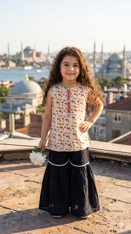 Kids Bakra Eid Collection 2026: Kids Girls 2 Piece Bakra print Lawn Suit with Gharara
