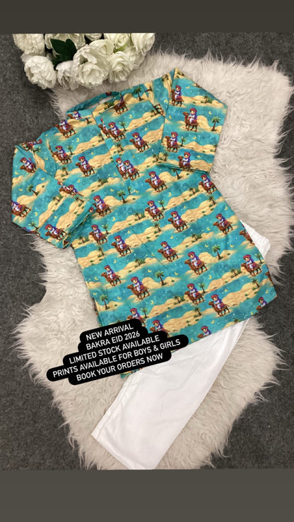 Kids Bakra Eid Collection 2026: Kids Boys 2 Piece Bakra print Lawn Suit