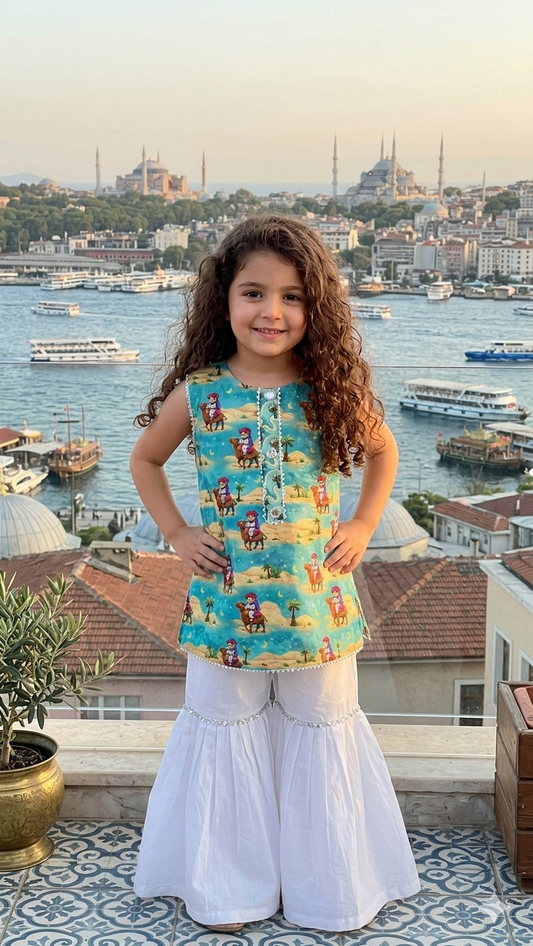 Kids Bakra Eid Collection 2026: Kids Girls 2 Piece Bakra print Lawn Suit with Gharara