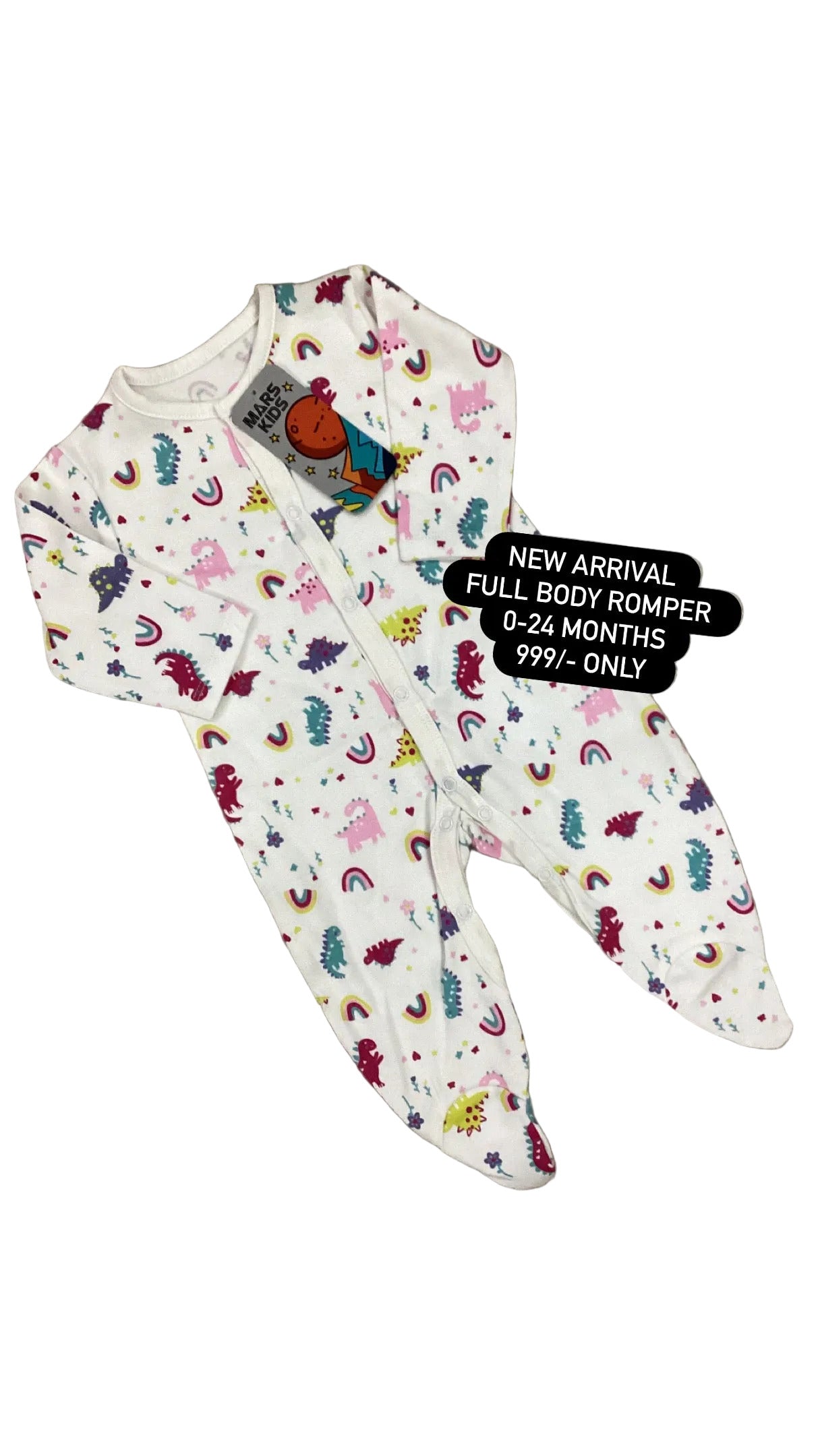 Baby romper with colorful patterns on a textured surface