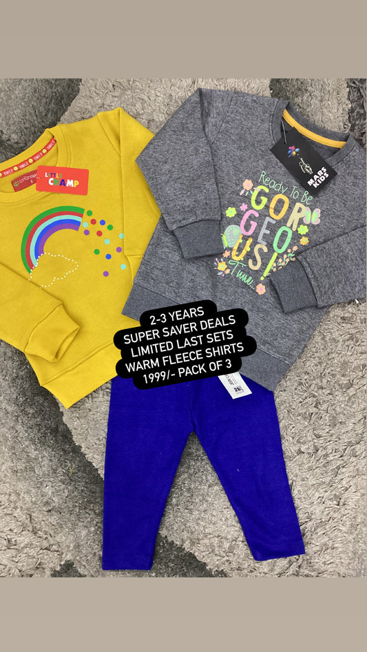 Kids Girls Affordable Baby Outfits –- Winter Warm Fleece Branded Pack of 3 Shirts with Tights