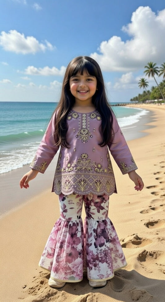 Kids Ramadan & Eid Collection 2026: Ethnic Style Girls Branded Dori Net Shirt with Garara
