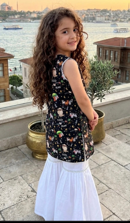 Kids Bakra Eid Collection 2026: Kids Girls 2 Piece Bakra print Lawn Suit with Gharara
