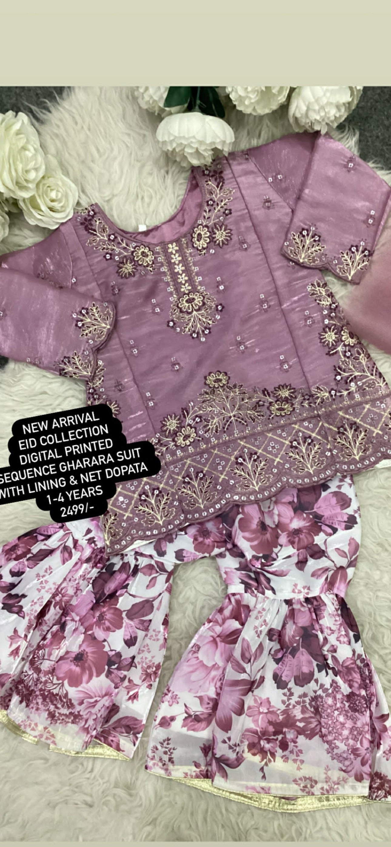 Kids Ramadan & Eid Collection 2026: Ethnic Style Girls Branded Dori Net Shirt with Garara