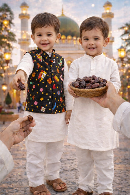 Kids Ramadan & Eid Collection 2026: Boys Branded White Lawn Kurta with Trouser and printed waistcoat