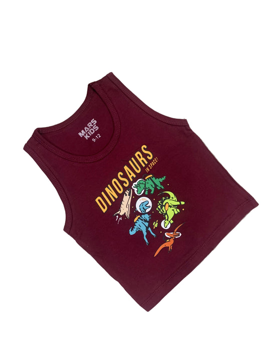 Maroon tank top with dinosaur graphics on a textured white surface