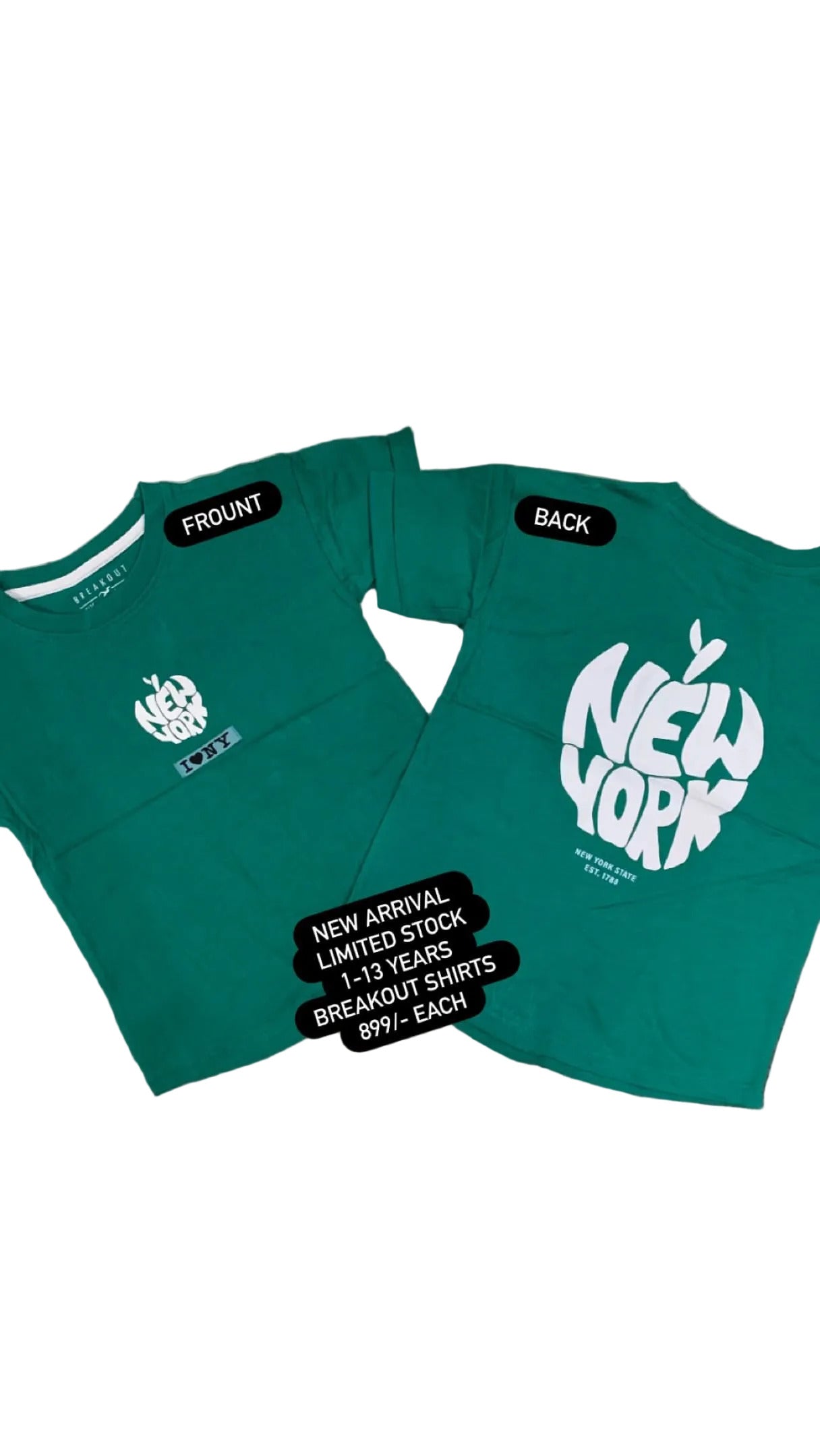 Two green t-shirts with text on a textured surface with flowers in the background