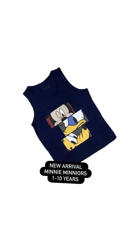 Navy blue sleeveless shirt with cartoon character on a fluffy white surface with flowers.