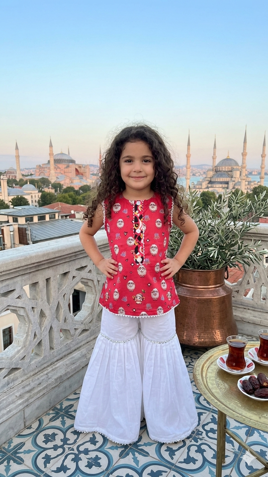 Kids Bakra Eid Collection 2026: Kids Girls 2 Piece Bakra print Lawn Suit with Gharara