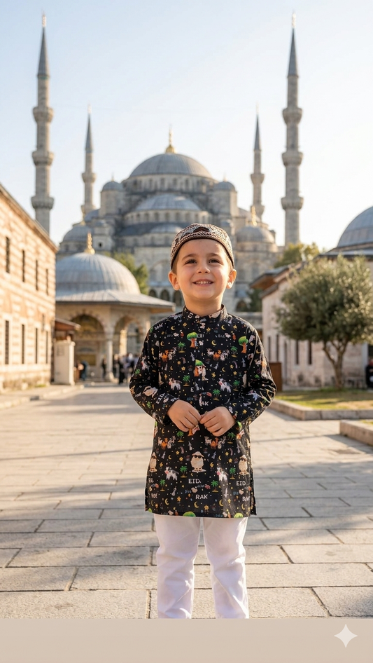 Kids Bakra Eid Collection 2026: Kids Boys 2 Piece Bakra print Lawn Suit with Trouser
