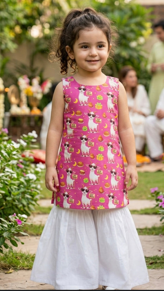 Kids Bakra Eid Collection 2026: Kids Girls 2 Piece Bakra print Lawn Suit