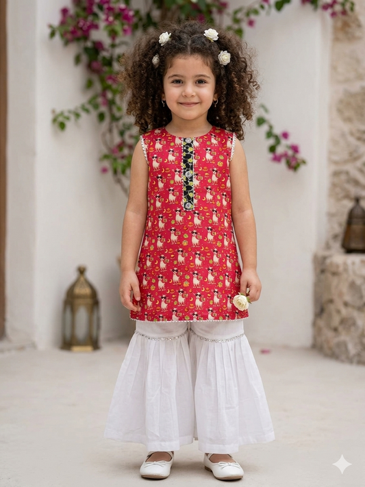 Kids Bakra Eid Collection 2026: Kids Girls 2 Piece Bakra print Lawn Suit