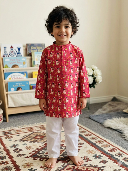 Kids Bakra Eid Collection 2026: Kids Boys 2 Piece Bakra print Lawn Suit