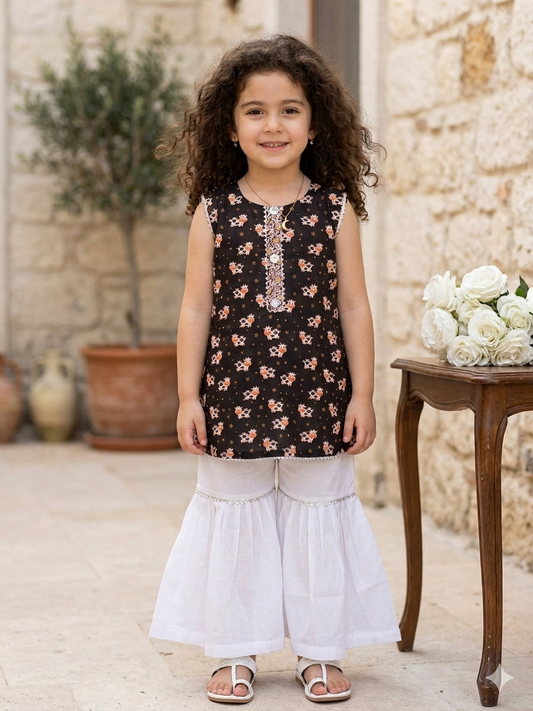 Kids Bakra Eid Collection 2026: Kids Girls 2 Piece Bakra print Lawn Suit with White Gharara