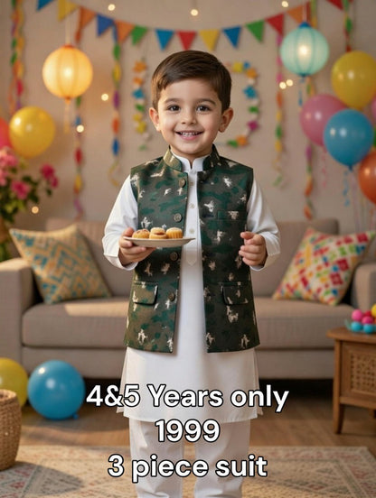 Kids Ramadan & Eid Collection 2026: Boy Branded Kurta/Trouser/Waistocat 3 Piece Suit