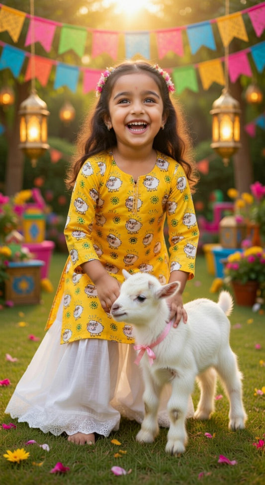 Kids Bakra Eid Collection 2026: Kids Girls 2 Piece Bakra print Lawn Suit with Gharara
