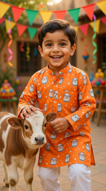 Kids Bakra Eid Collection 2026: Kids Boys 2 Piece Bakra print Lawn Suit