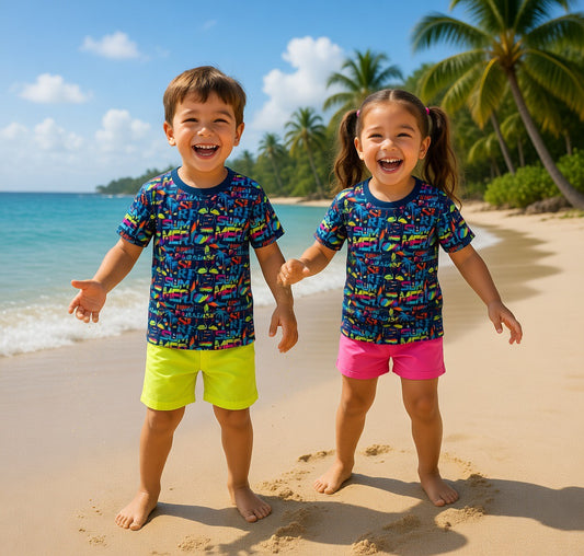 Two children in colorful swim shirts and shorts standing on a sandy beach with palm trees and ocean in the background.