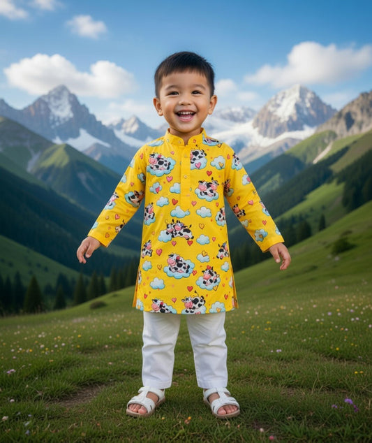 Child wearing a yellow cartoon-patterned shirt standing in a mountainous landscape