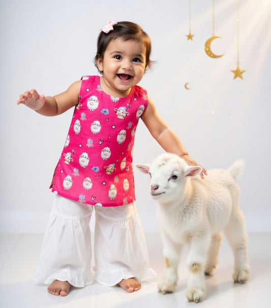 Kids Bakra Eid Collection 2026: Kids Girls 2 Piece Bakra print Lawn Suit with Gharara