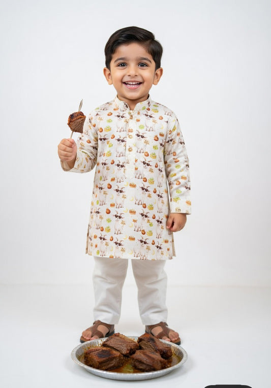 Kids Bakra Eid Collection 2026: Kids Boys 2 Piece Bakra print Lawn Suit