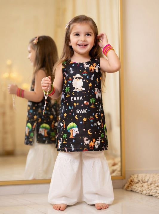Kids Bakra Eid Collection 2026: Kids Girls 2 Piece Bakra print Lawn Suit with Gharara