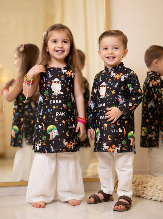 Kids Bakra Eid Collection 2026: Kids Girls Boys 2 Piece Bakra print Lawn Suit