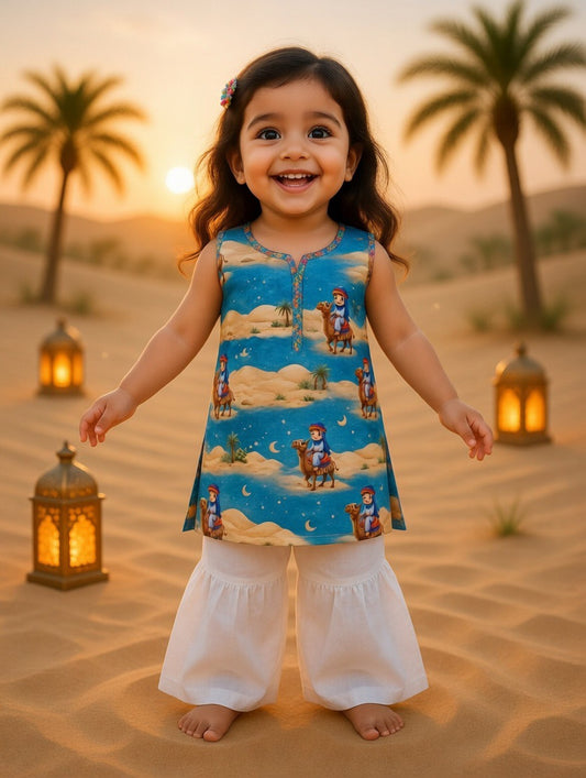 Kids Bakra Eid Collection 2026: Kids Girls 2 Piece Bakra print Lawn Suit with Gharara