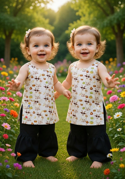 Two young children in matching outfits standing in a garden with flowers.