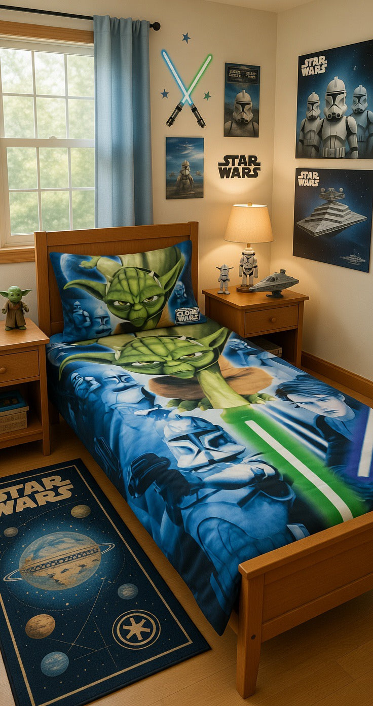 Children's bedroom with Star Wars-themed bedding and decor